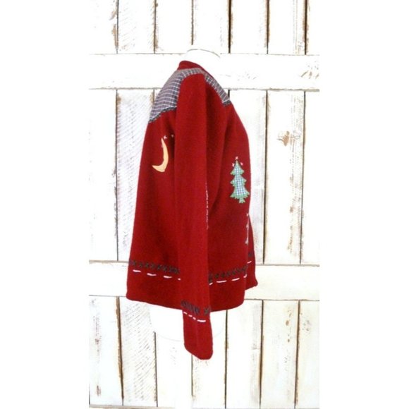Vintage red woven knit Christmas wool patchwork cardigan sweater - Picture 2 of 5